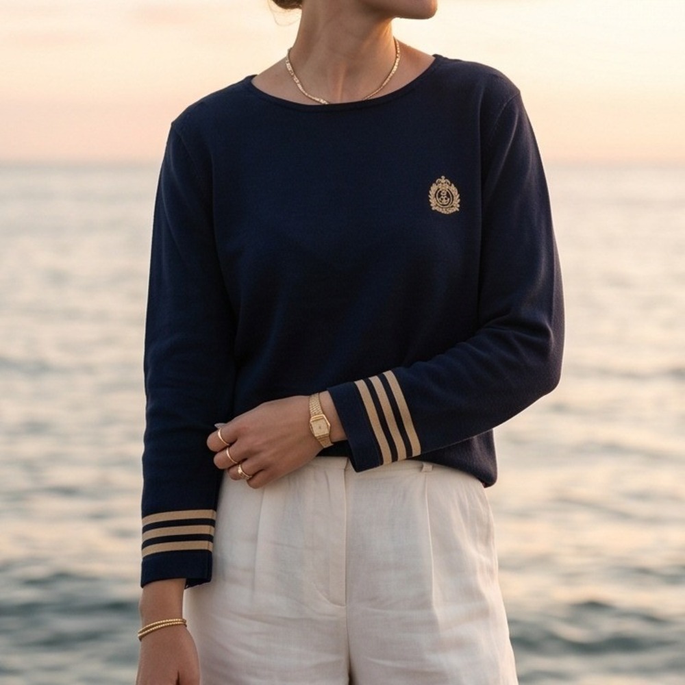 Vintage Lauren Ralph Lauren M Admiral Sweater Navy Blue Cotton Nautical Crest - Picture 2 of 10